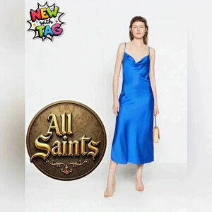 AllSaints Women Midi Slipdress Blue Satin Cowl Neck Party Dress 6 & 8 New w/Tag